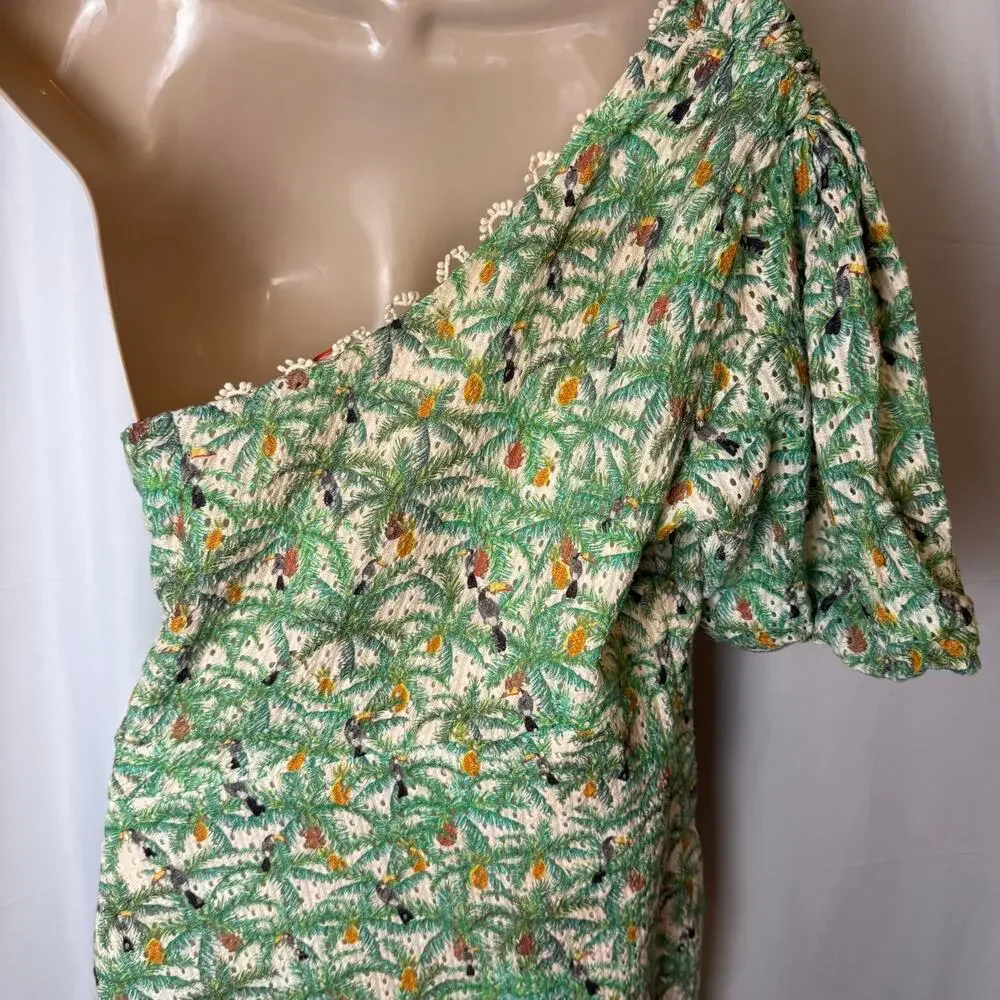 Farm Rio Mini Toucans One Shoulder Dress XL Tropical Resort Lined Ruffle Texture